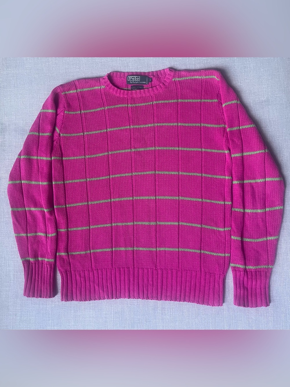 VTG 90s Polo Ralph Lauren Fuchsia & Lime Green Striped Pullover Cotton Sweater